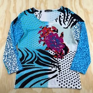 Pierri New York Womens Y2K Sequin Floral Animal 3/4 Sleeve Top Blue White